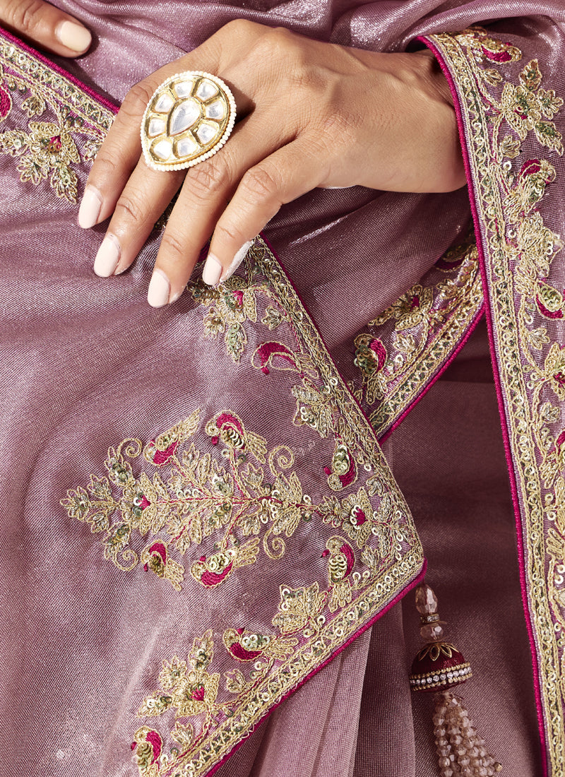 Onion Pink Tissue Organza Designer Blouse Party Wear Saree