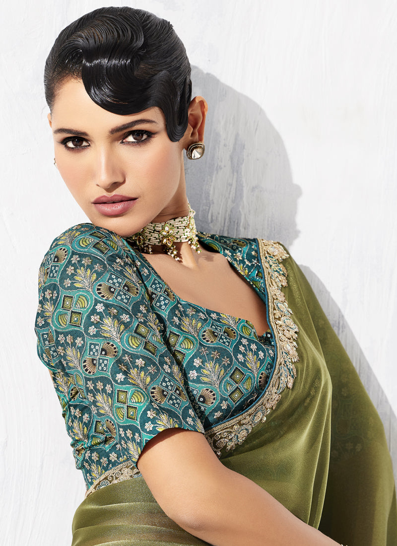 Olive Tissue Organza Designer Blouse Party Wear Saree