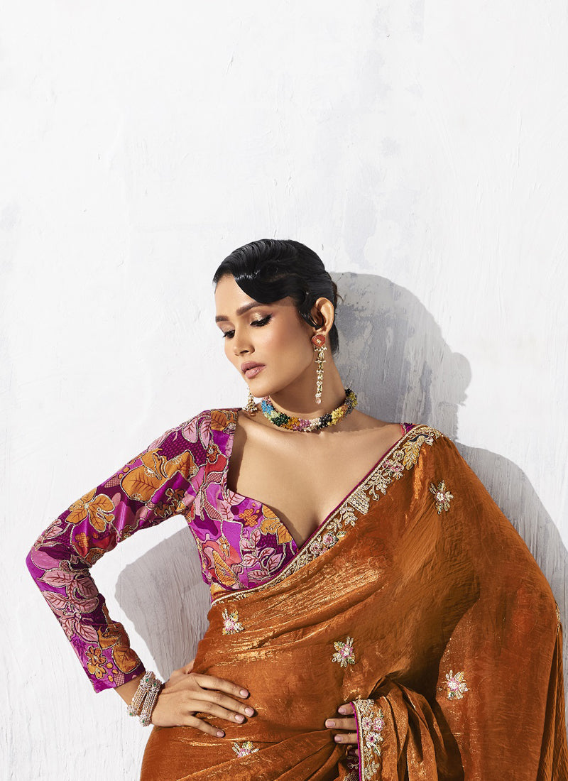 Rust Tissue Organza Designer Blouse Party Wear Saree