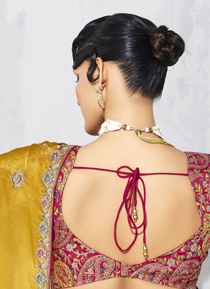 Mustard Tissue Organza Designer Blouse Party Wear Saree