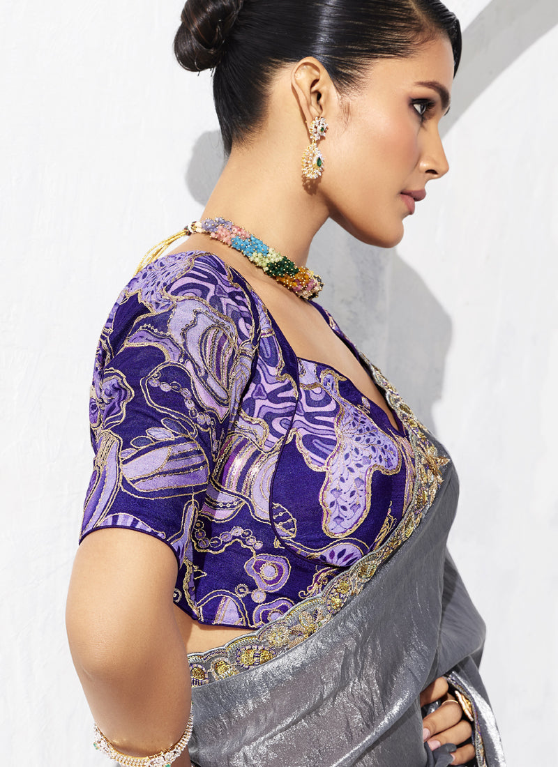 Gray Tissue Organza Designer Blouse Party Wear Saree