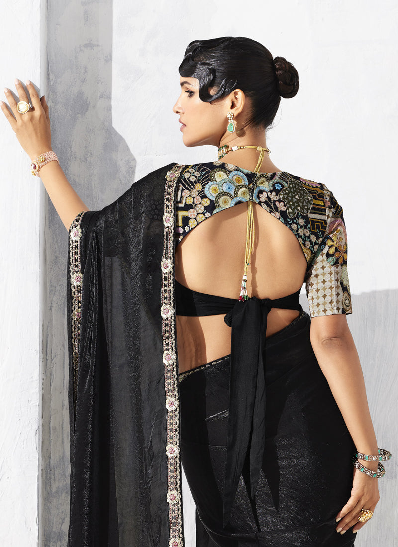 Black Tissue Organza Designer Blouse Party Wear Saree