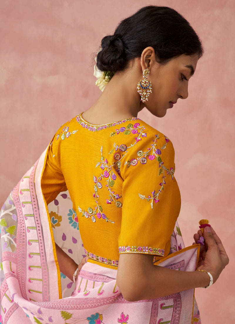 Baby Pink Brasso Organza Banglory Silk With Work Blouse Party Wear Saree