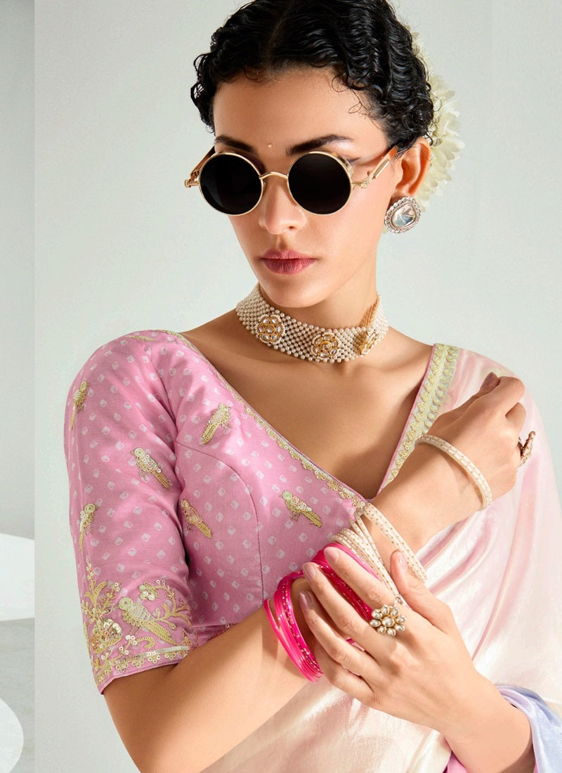 Shaded Off White & Multi Color Organza Tissue Designer Saree