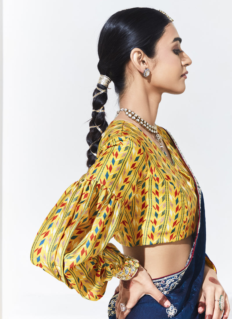 Navy Blue Glass Tissue Satin Silk Digital Printed Party Wear Saree