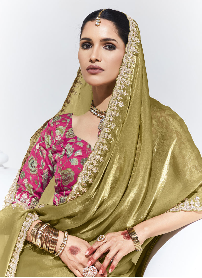 Olive Glass Tissue Satin Silk Digital Printed Party Wear Saree