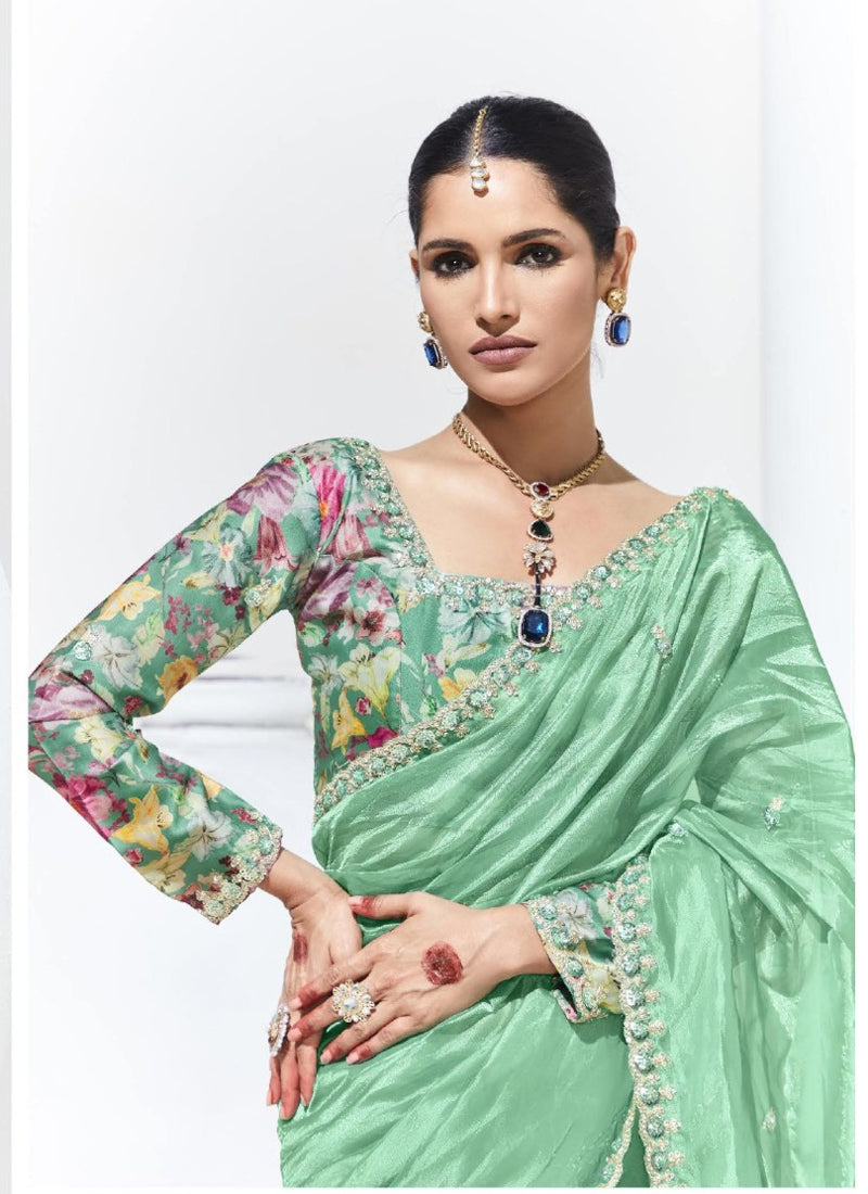 Pista Glass Tissue Satin Silk Digital Printed Party Wear Saree