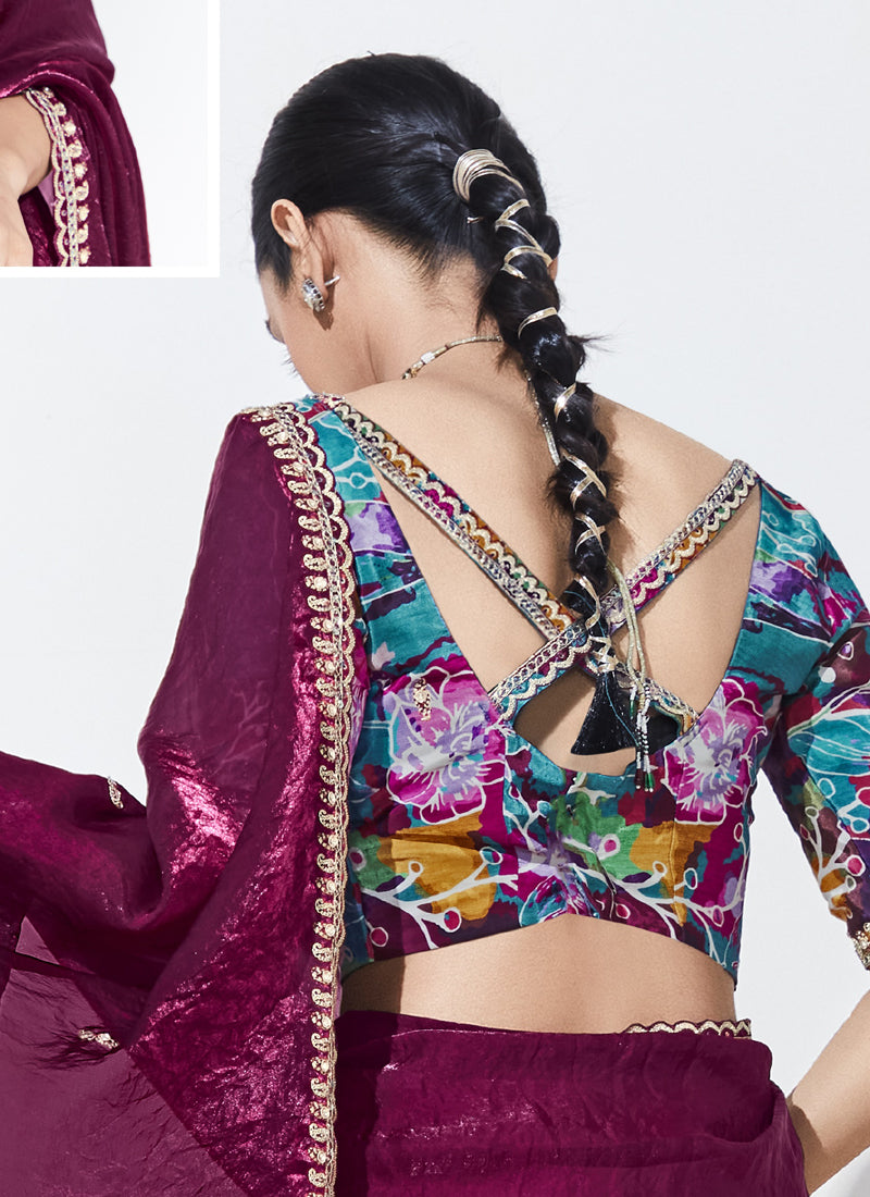Maroon Glass Tissue Satin Silk Digital Printed Party Wear Saree