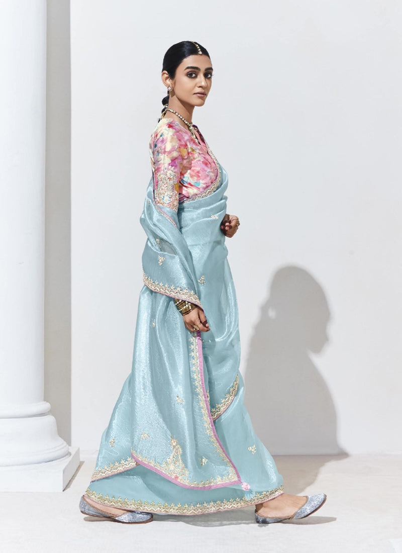 Light Sky Blue Glass Tissue Satin Silk Digital Printed Party Wear Saree