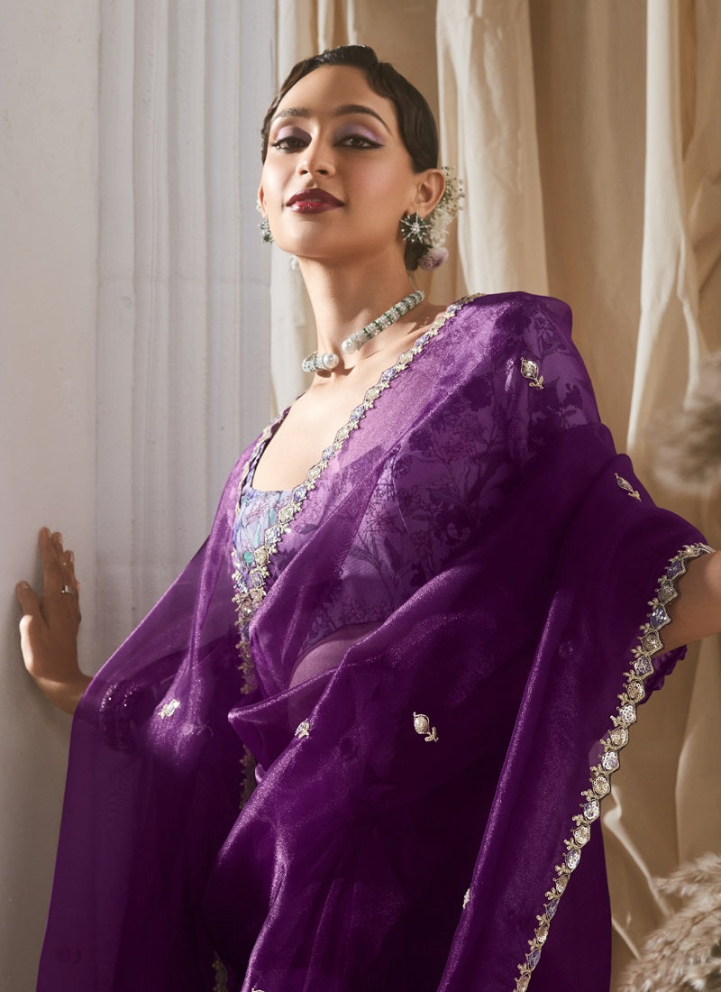 Dark Purple Tissue Silk With Digital Printed Blouse Party Wear Saree