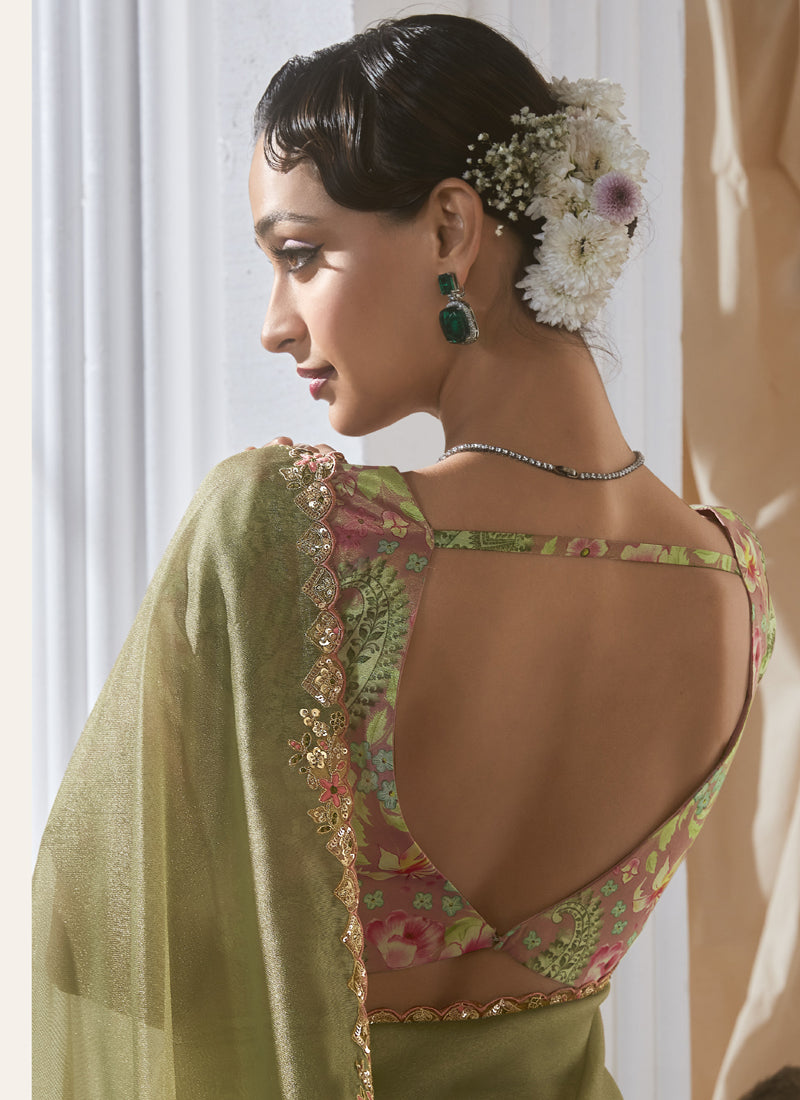 Olive Tissue With Digital Printed Blouse Party Wear Saree