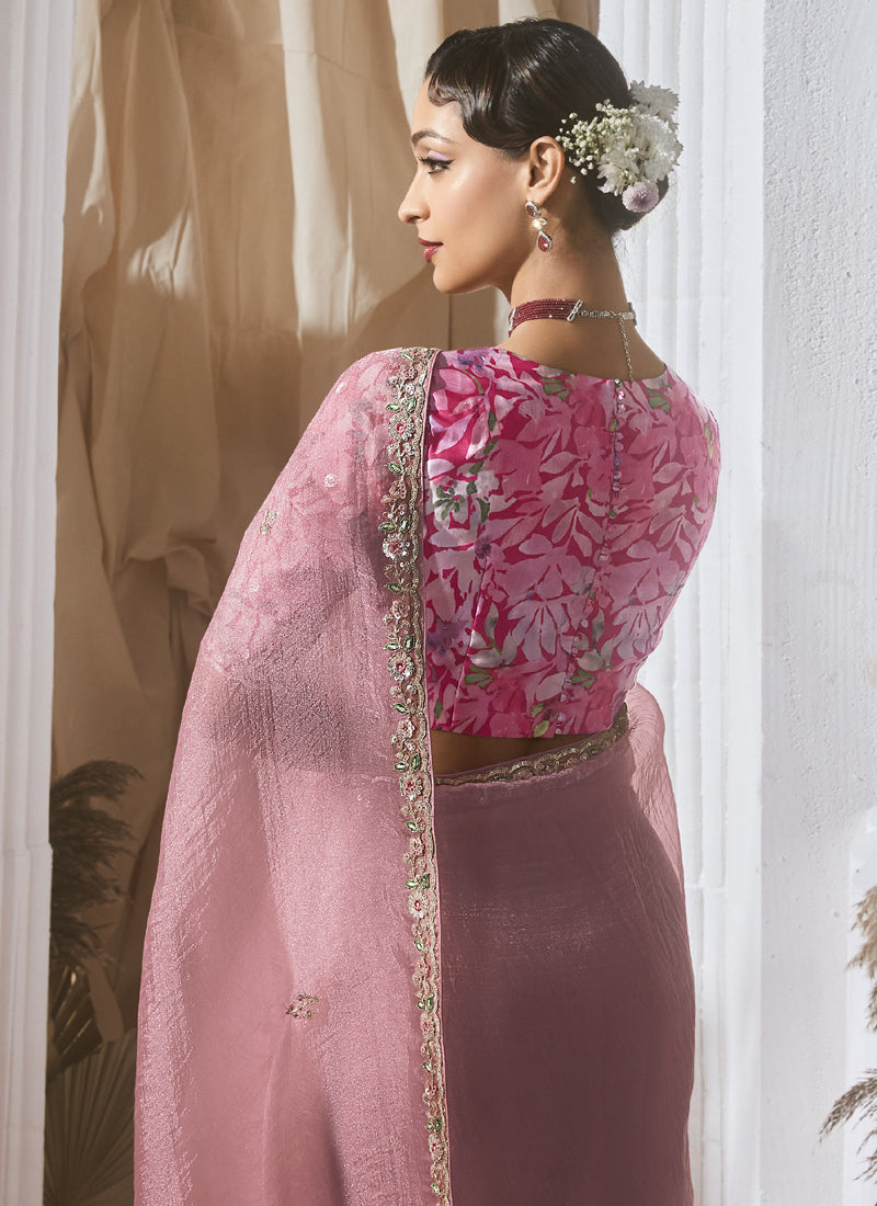 Baby Pink Tissue Silk With Digital Printed Blouse Party Wear Saree