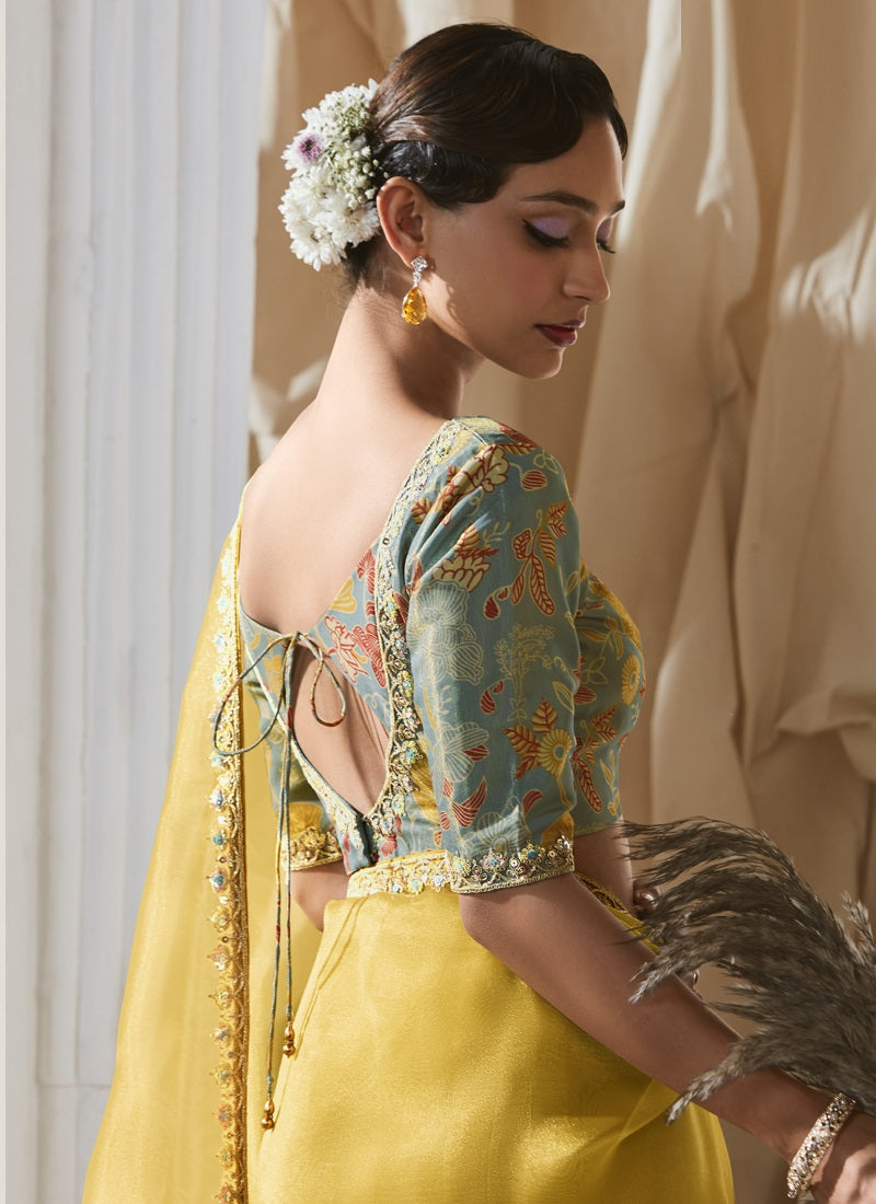 Yellow Tissue Silk With Digital Printed Blouse Party Wear Saree