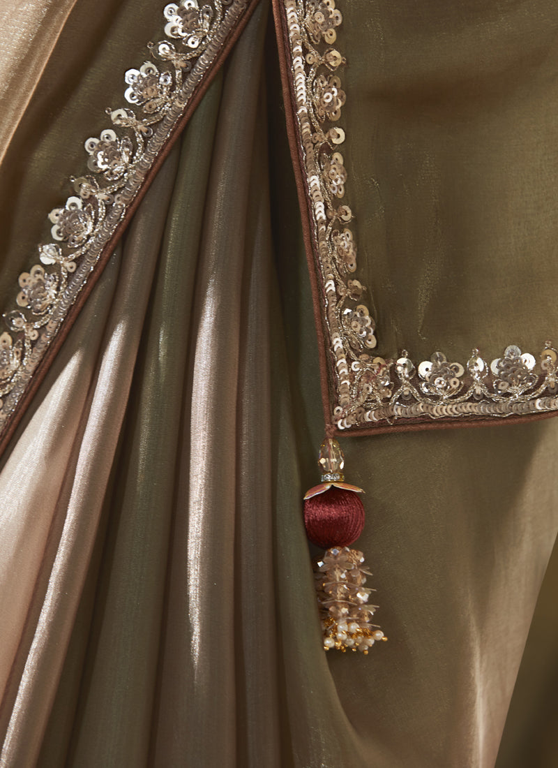 Bronze Tissue With Digital Printed Blouse Party Wear Saree