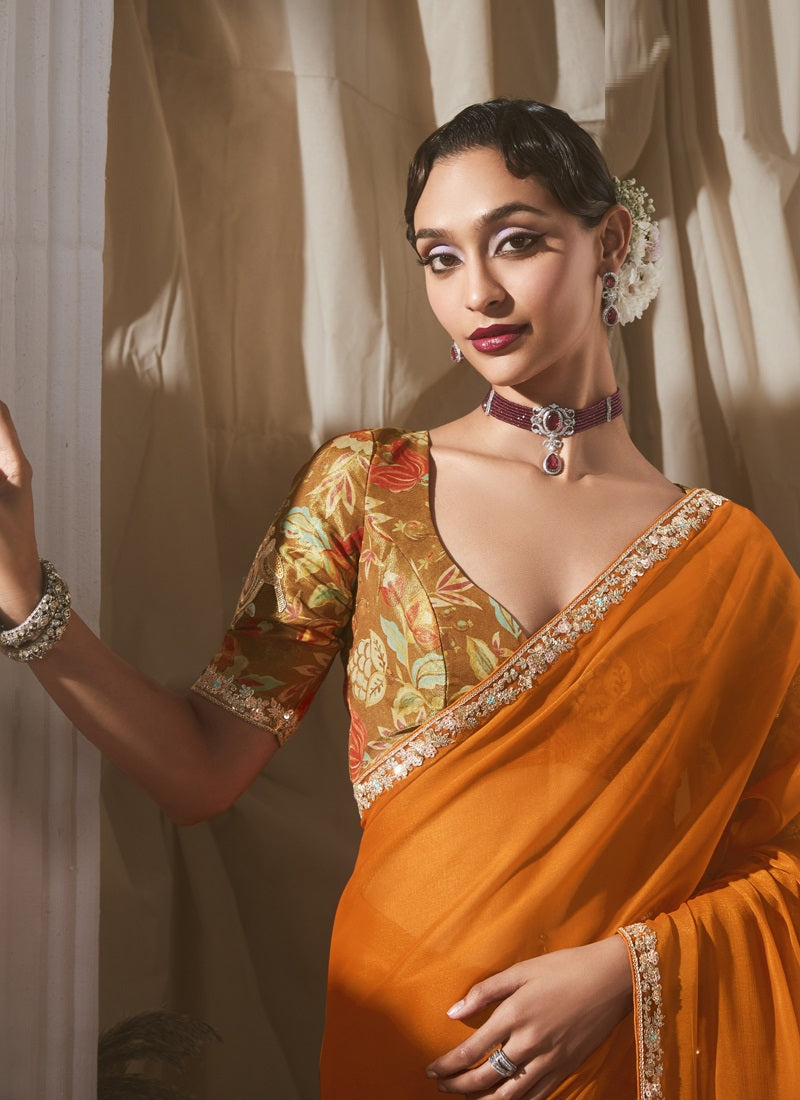Orange Tissue Silk Digital Printed Blouse Party Wear Saree