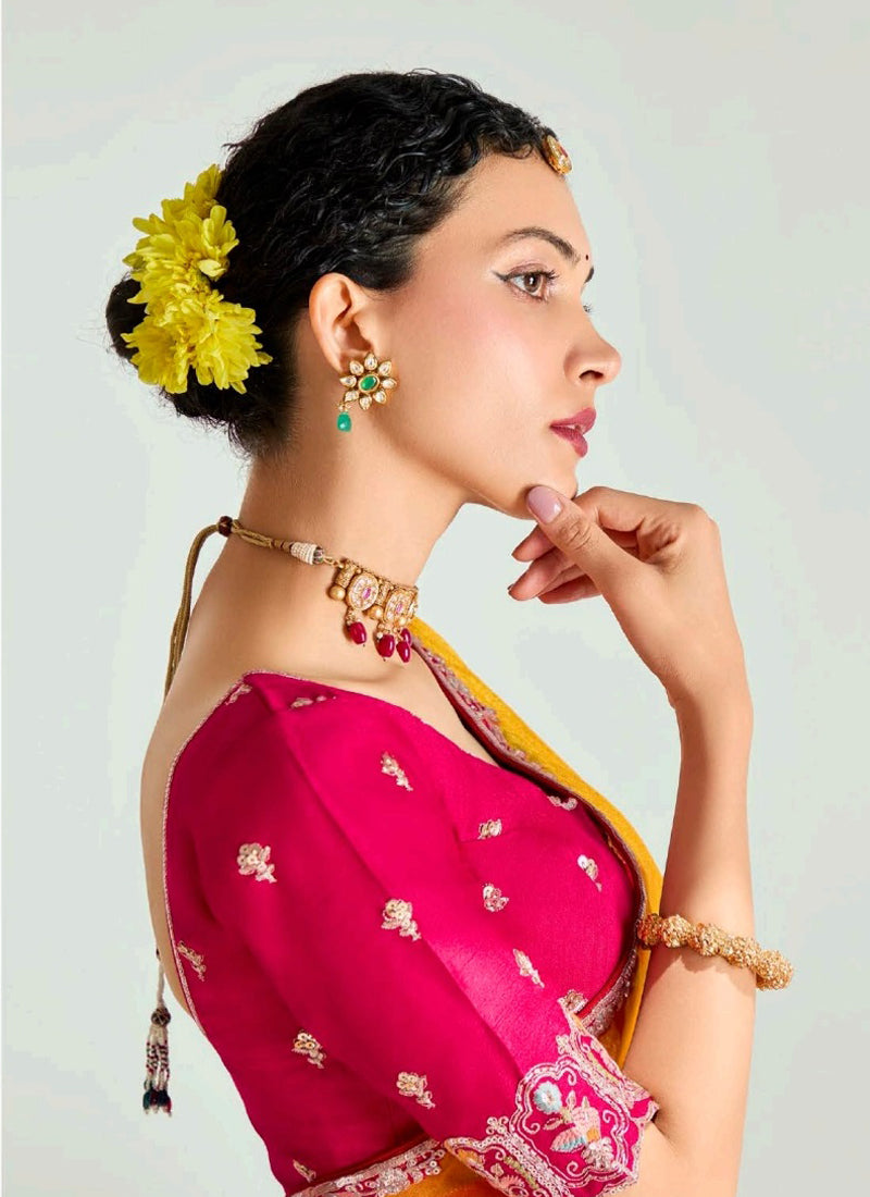 Shaded Mustard & Ruby Red Organza Tissue Designer Saree