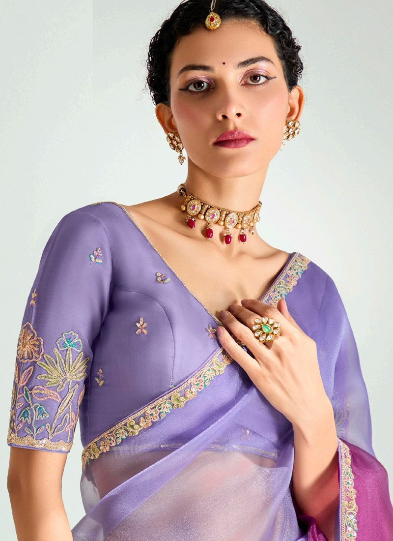 Shaded Lavender & Wine Organza Tissue Designer Saree
