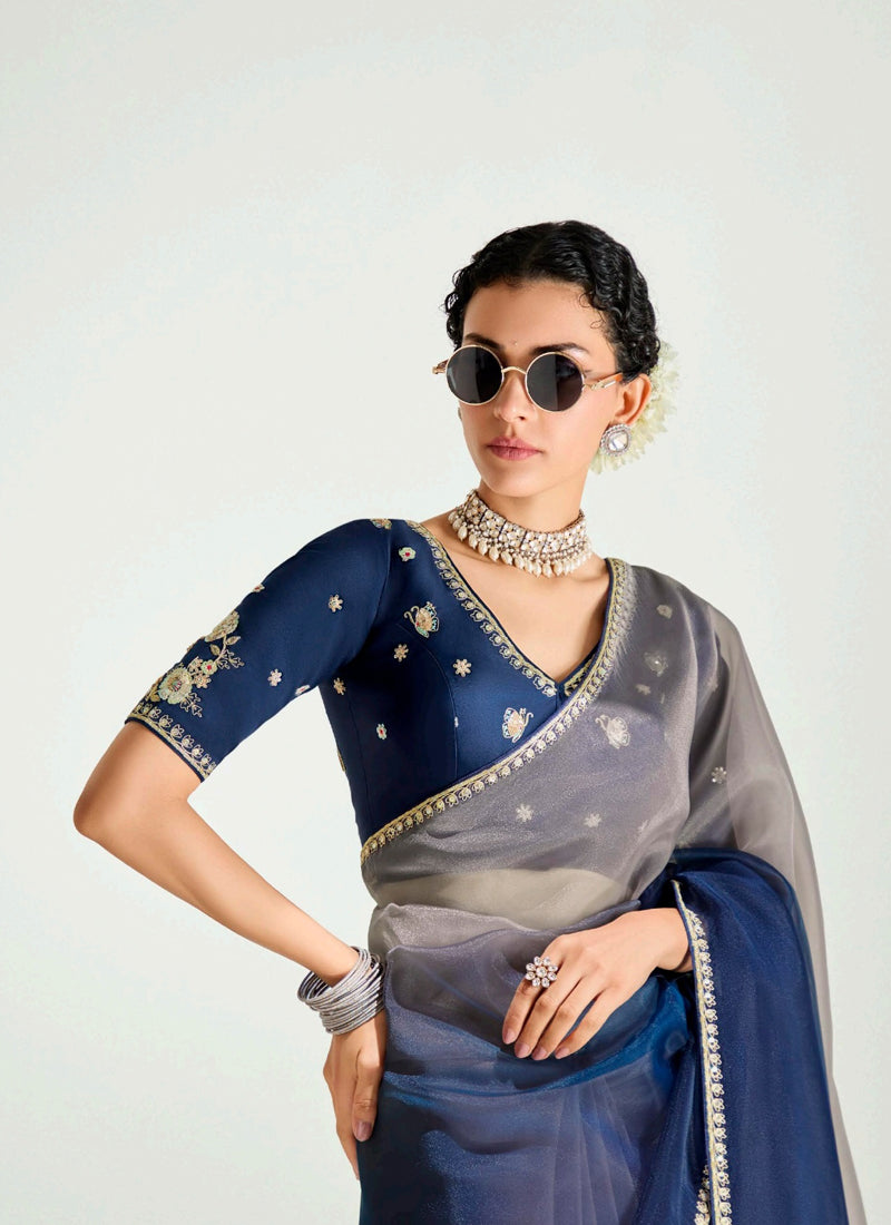 Shaded Gray & Navy Blue Organza Tissue Designer Saree