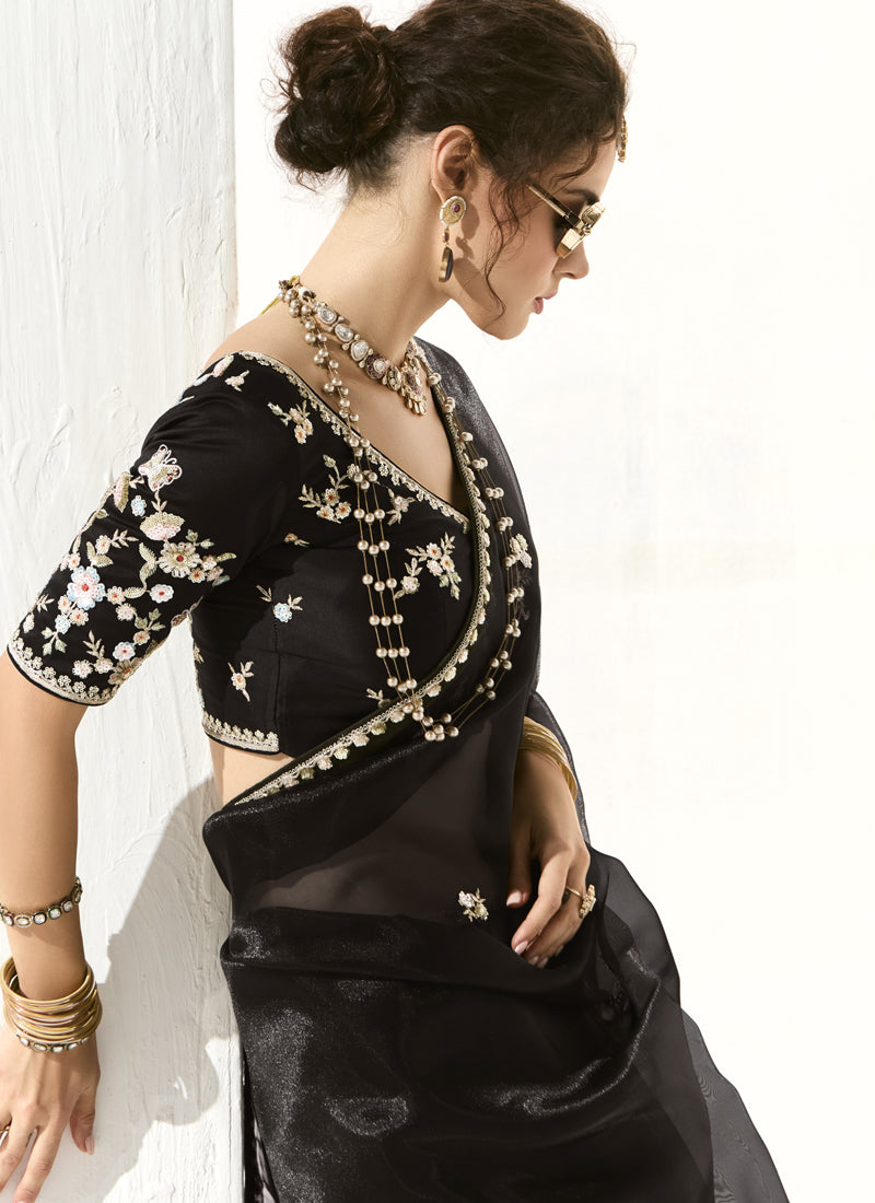 Black Glass Tissue Silk Sequence Party Wear Saree