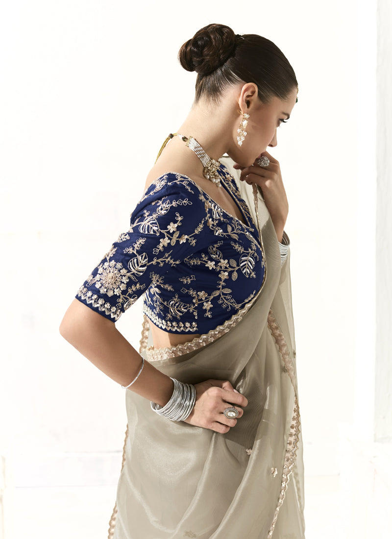 Gray Glass Tissue Silk Sequence Party Wear Saree