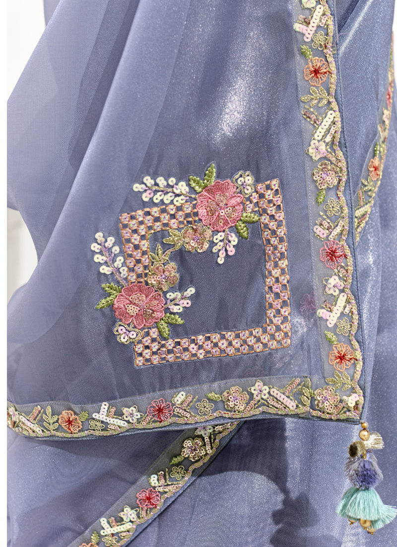 Light Blue Glass Tissue Silk Sequence Party Wear Saree