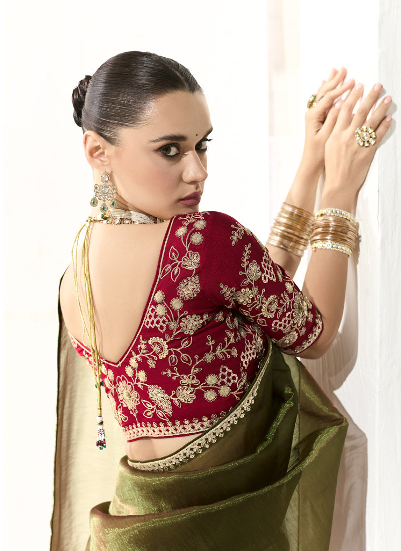 Mehndi Glass Tissue Silk Sequence Party Wear Saree