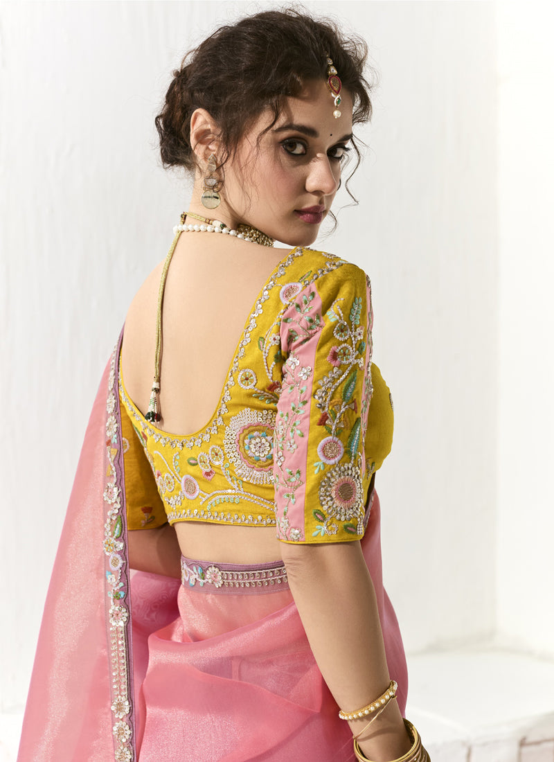 Shaded Peach & Mauve Glass Tissue Silk Heavy Designer Blouse Party Wear Saree