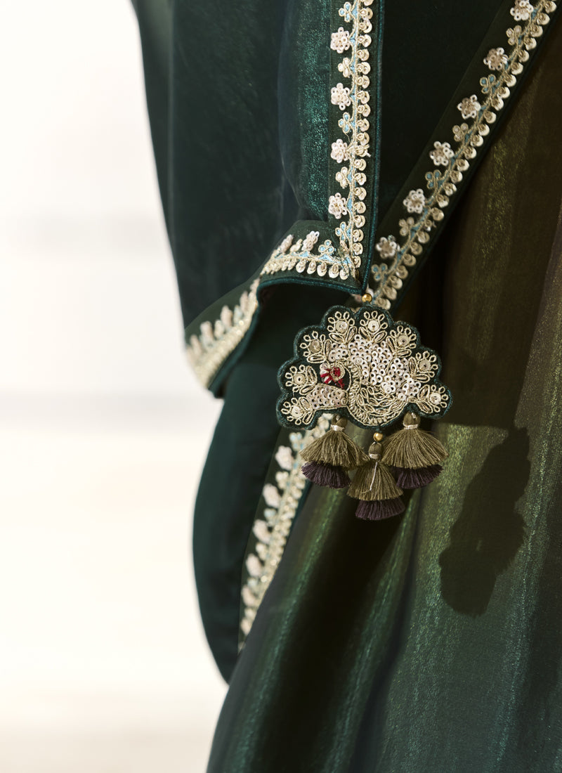 Dark Green Glass Tissue Silk Sequence Party Wear Saree