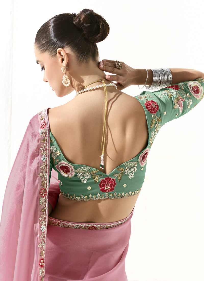 Baby Pink Glass Tissue Silk Sequince Party Wear Saree