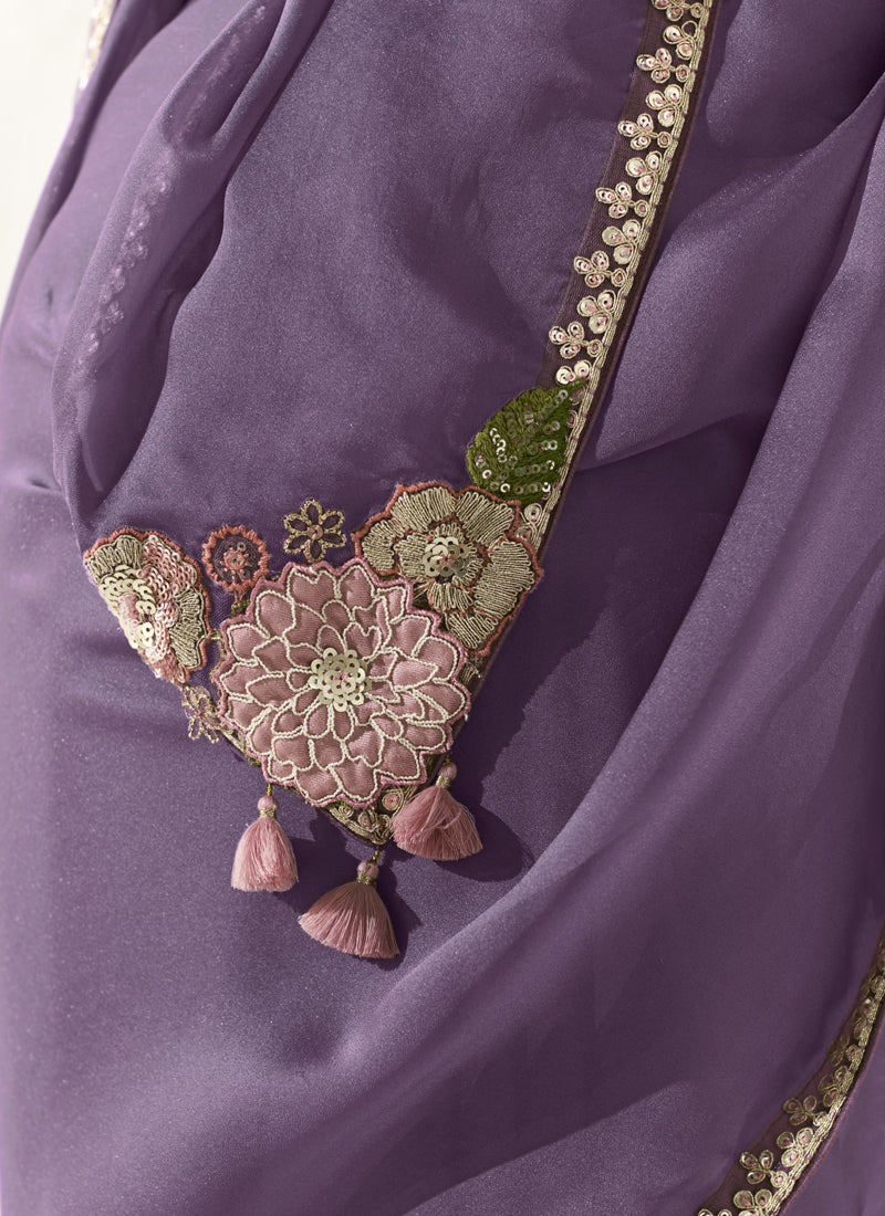 Lavender Glass Tissue Silk Sequence, Zari Weaving Party Wear Saree