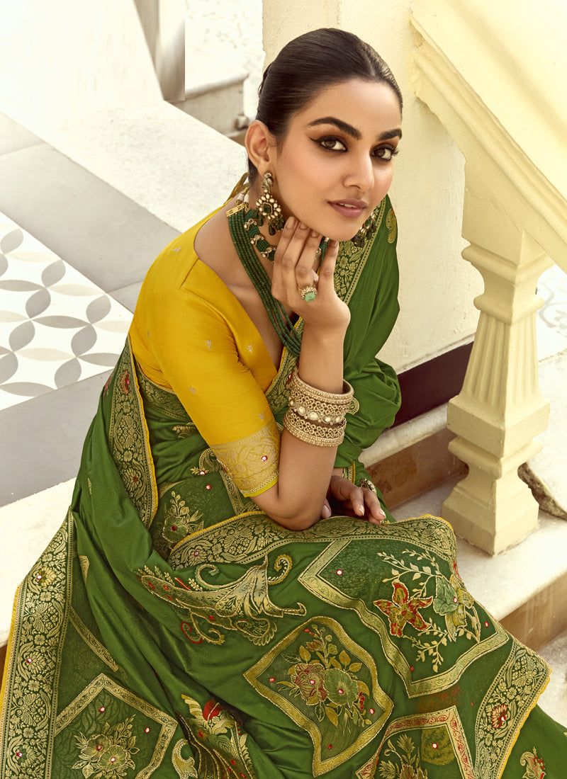 Olive Dola Silk Heavy Zari Weaving Wedding Sarees