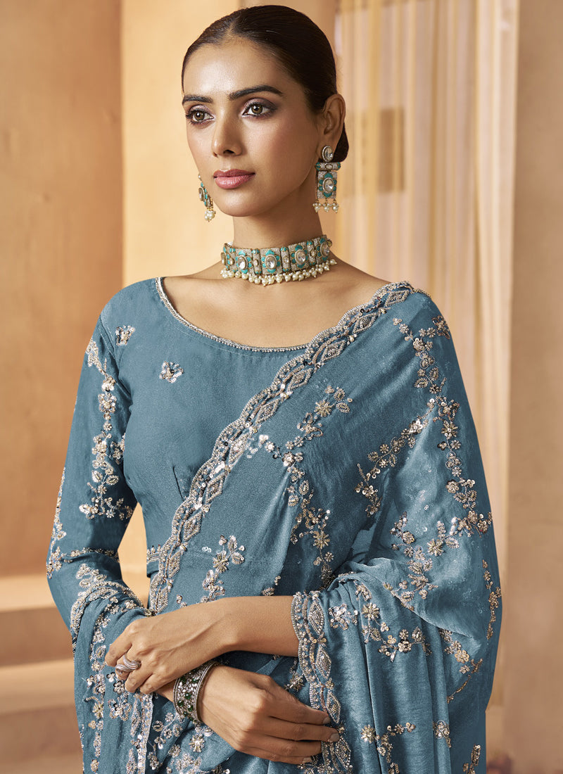 Sky Blue Tissue Silk Designer Blouse Party Wear Saree