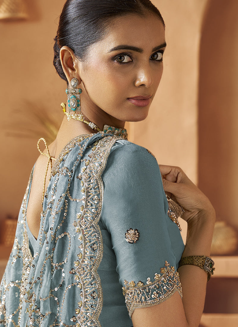 Sky Blue Tissue Silk Designer Blouse Party Wear Saree