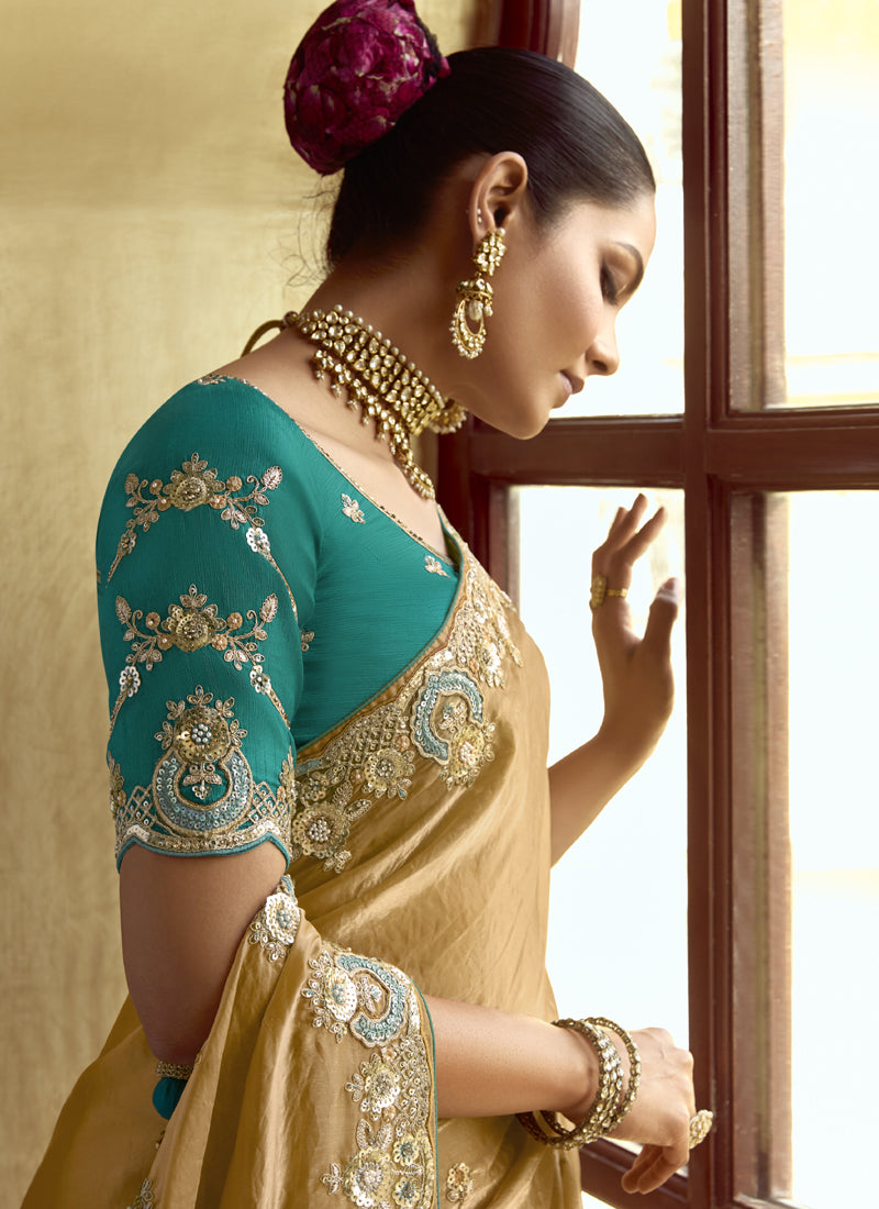 Antique Gold Tissue Silk Designer Blouse Saree