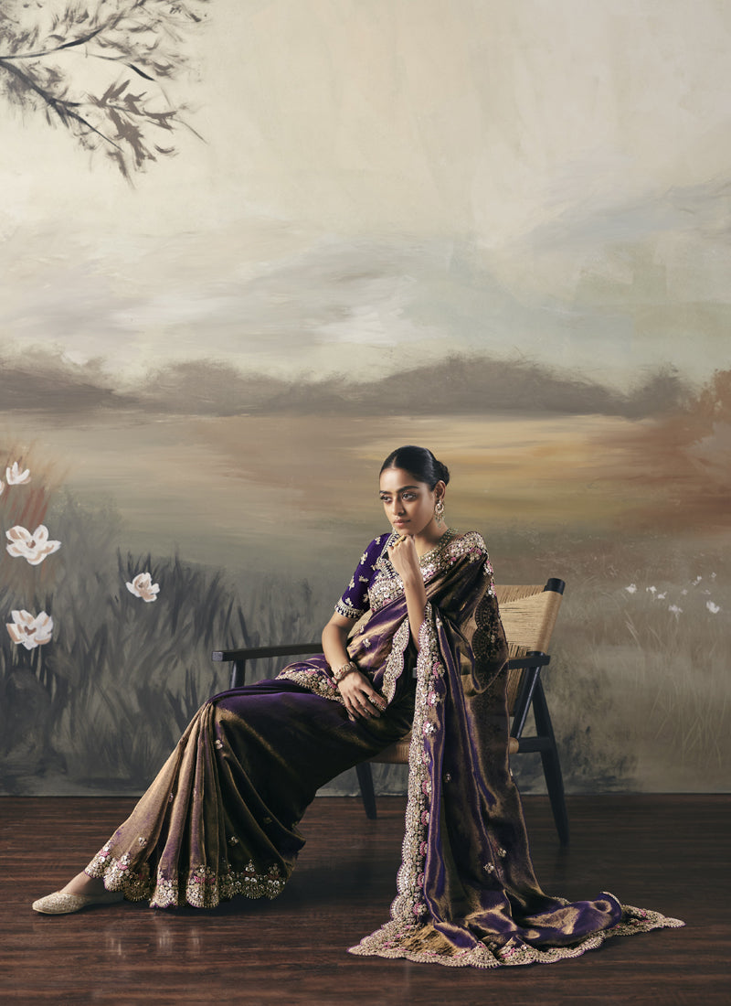 Shaded Purple Heavy Designer Border With Designer Blouse Wedding Wear Saree