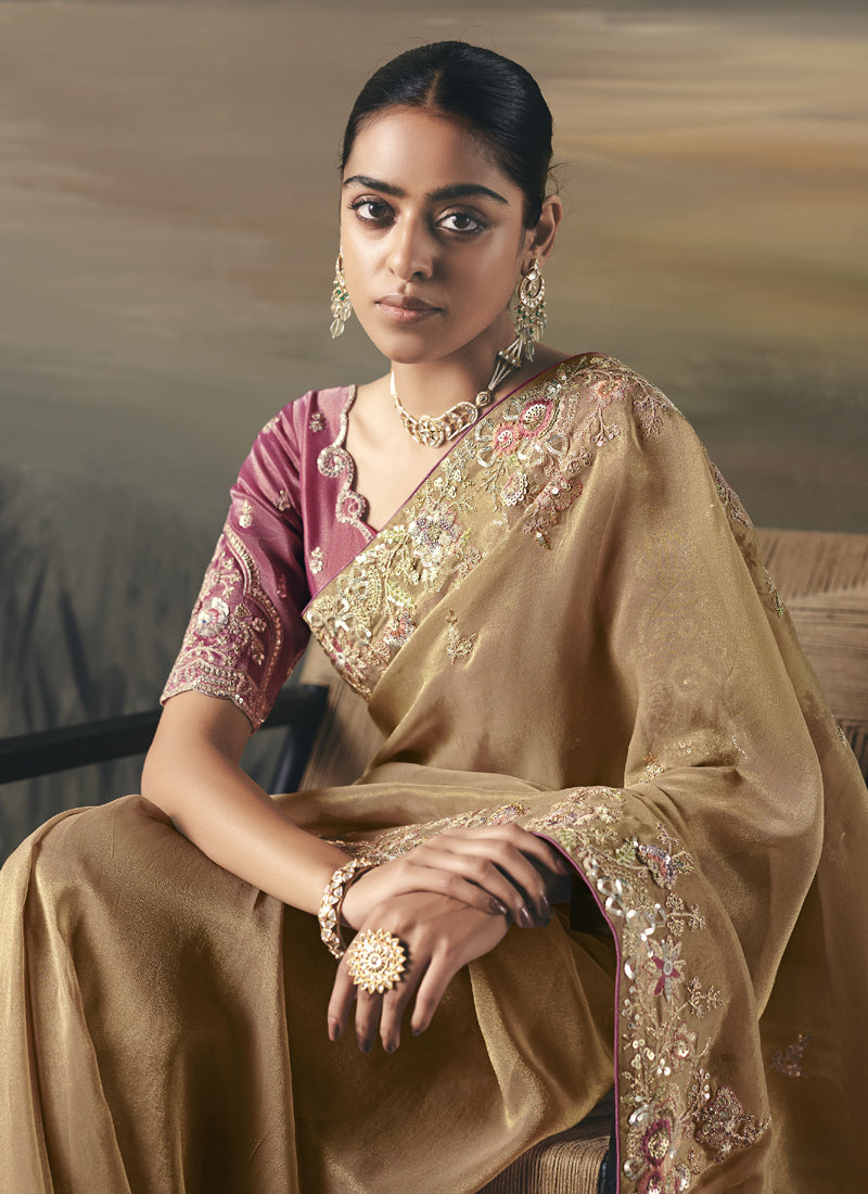 Beige Heavy Designer Border With Designer Blouse Wedding Wear Saree