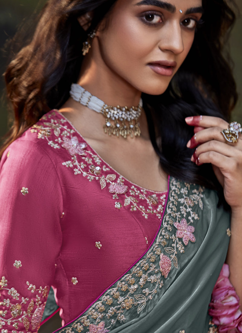 Gray Satin Silk Designer Heavy Sequence & Thread Work Border Party Wear Saree