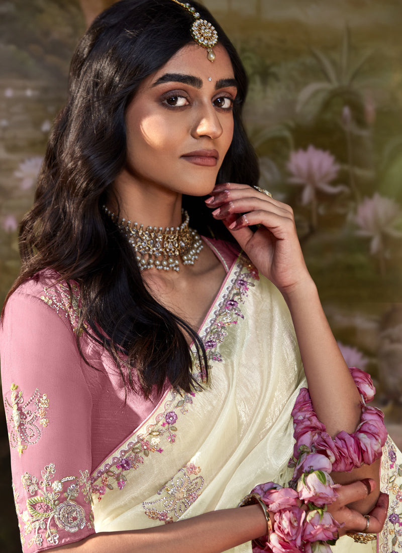 White Glass Tissue Organza Designer Heavy Sequence Work Border Party Wear Saree