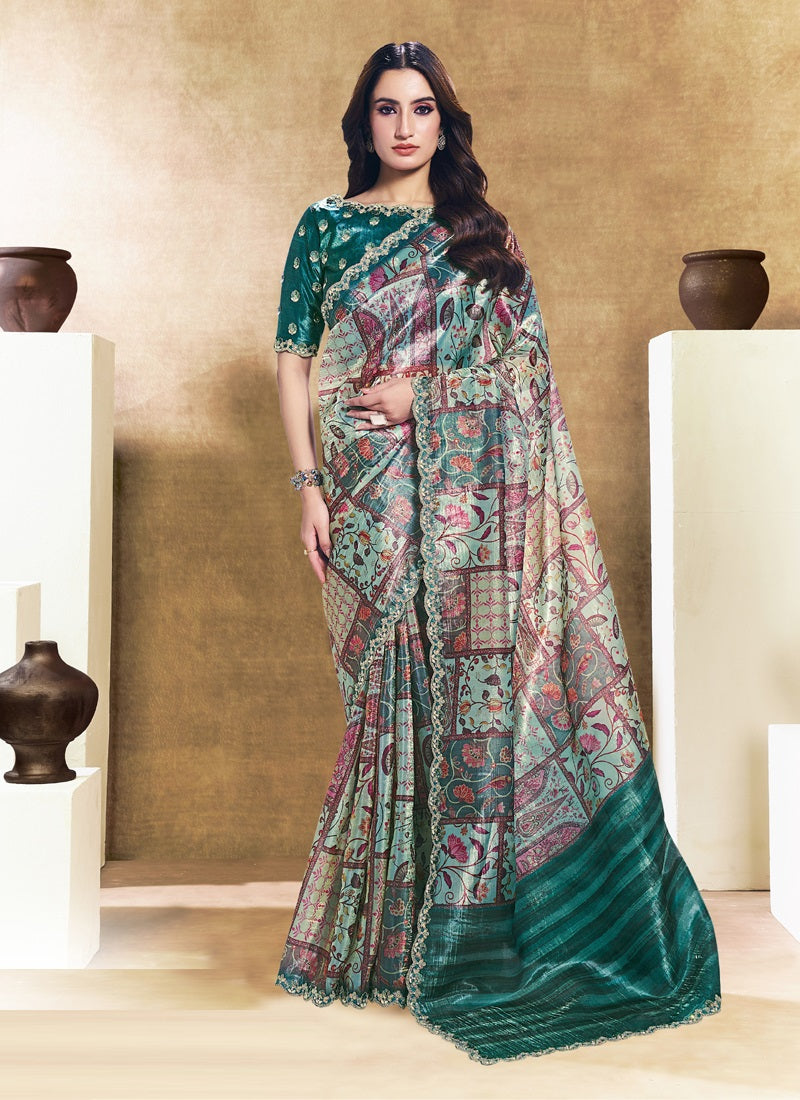 Two Tone Satin Silk Digital Print Embroidery Festival Wear Saree
