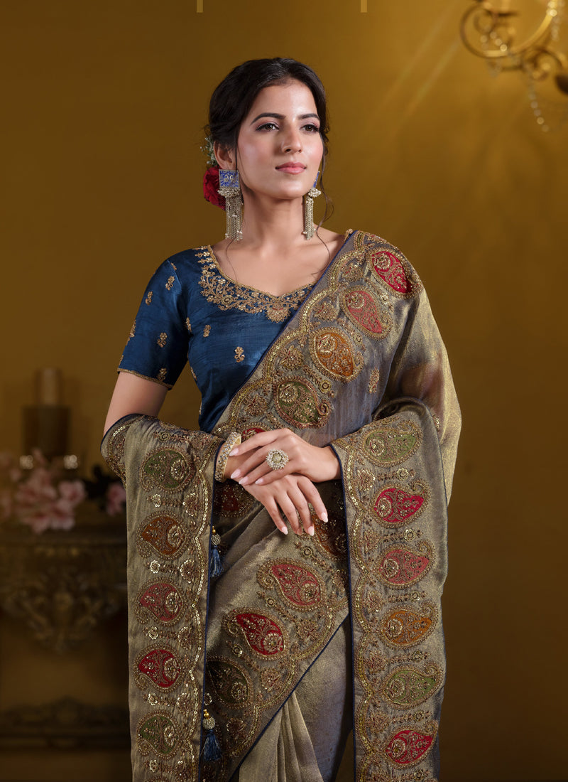 Blue & Golden Georgette With Zari Organza Silk Khatli Work With Sequence Heavy Designer Saree