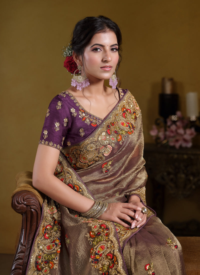 Chiku Pure Banarasi Crush Khatli Work With Sequence Heavy Designer Saree