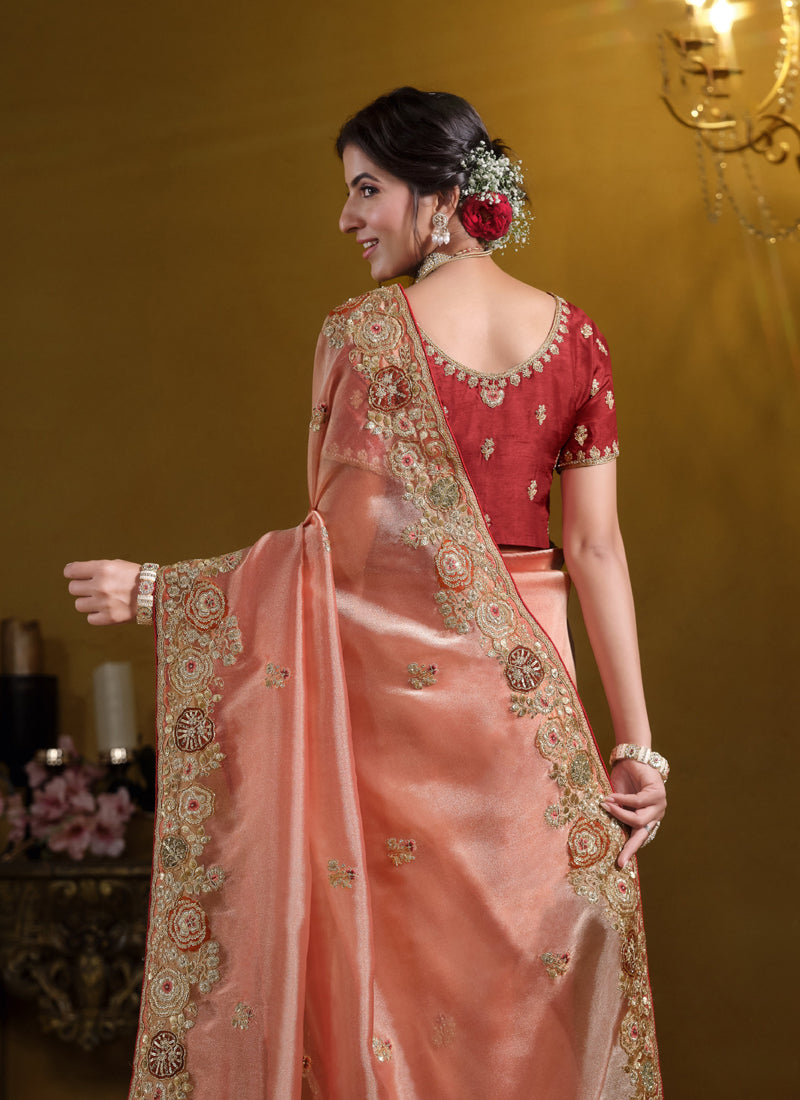 Orange Pure Twill Tissue Khatli Work With Sequince Heavy Designer Saree