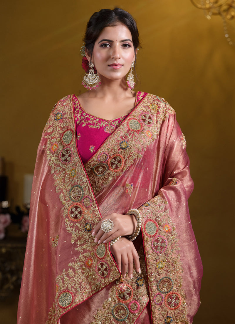 Peach Zari Oranza Silk Khatli Work With Sequince Heavy Designer Saree