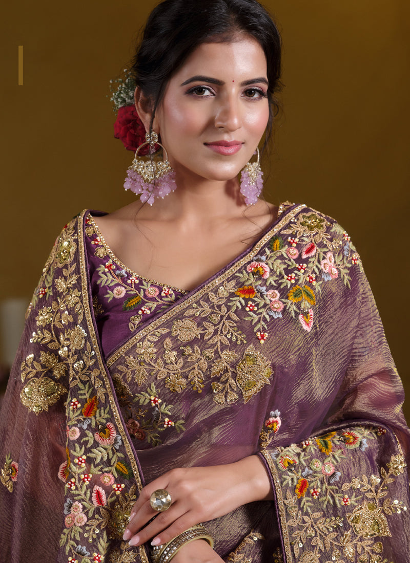 Light Purple Pure Banarasi Crush Khatli Work With Sequence Heavy Designer Saree