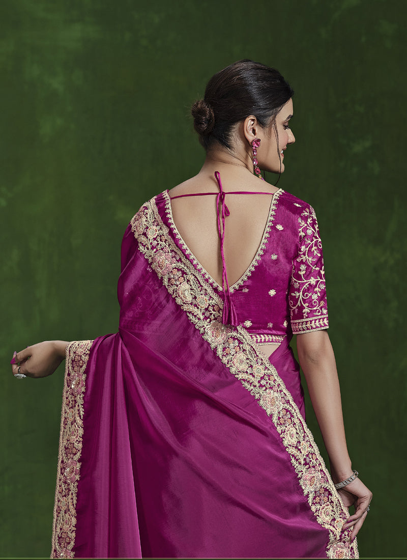 Magenta Sequence Crape Silk Beautiful Ready To Wear Saree