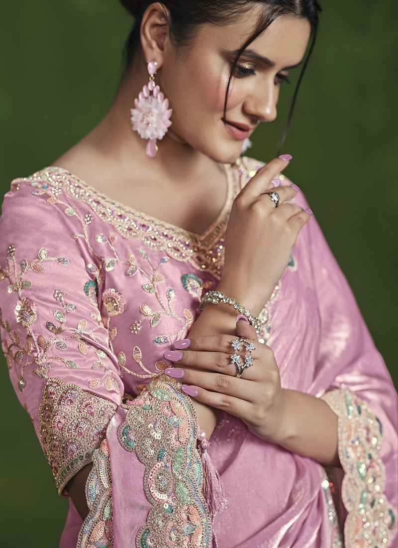 Baby Pink Satin Silk Heavy Designer Blouse Beautiful Ready To Wear Saree