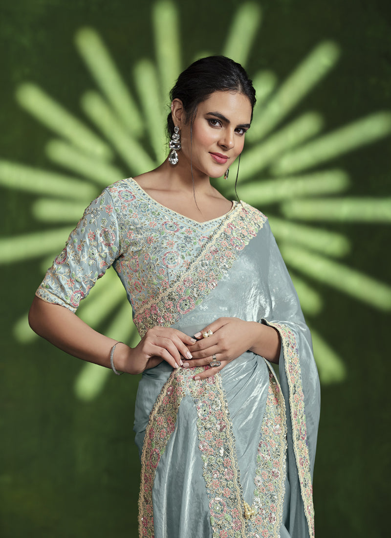 Light Sky Blue Multi Satin Silk Designer Blouse Beautiful Ready To Wear Saree