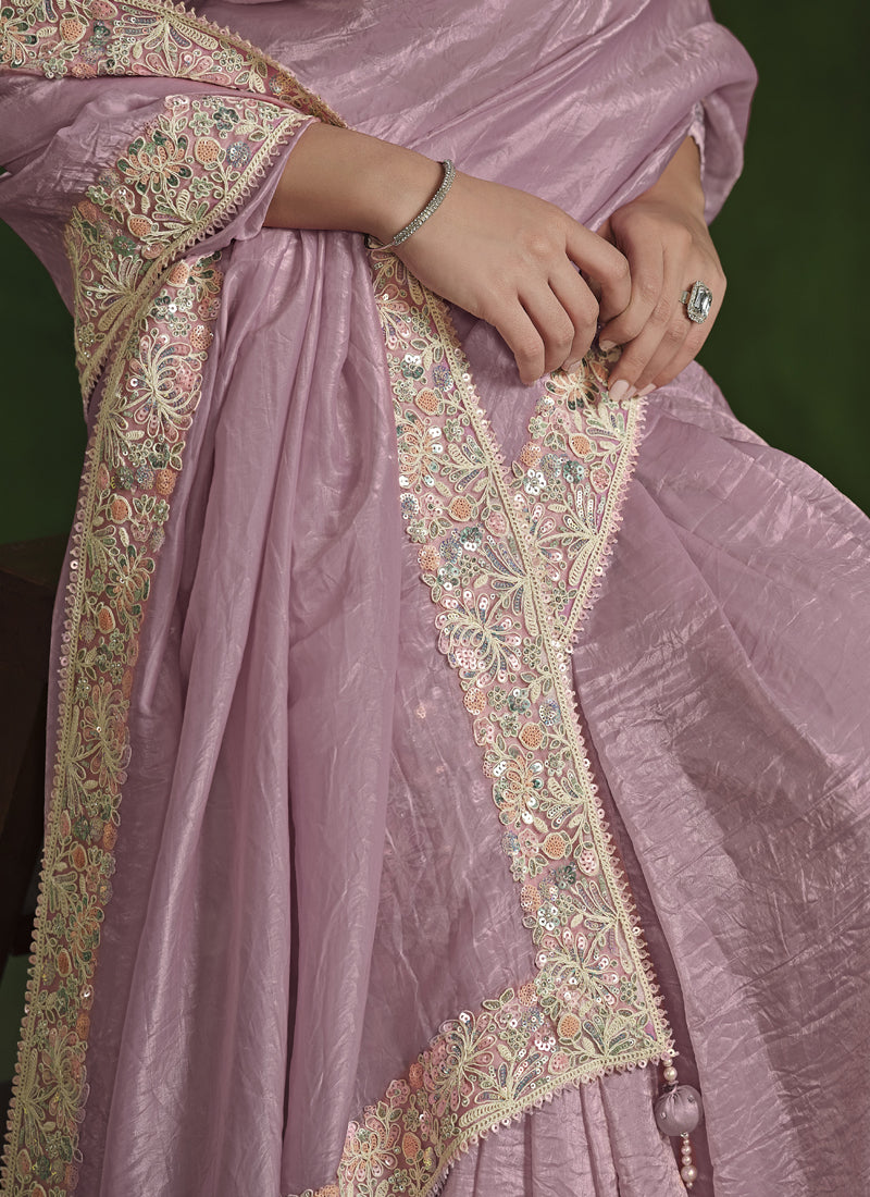 Baby Pink Crush Paper Silk Designer Blouse Beautiful Ready To Wear Saree