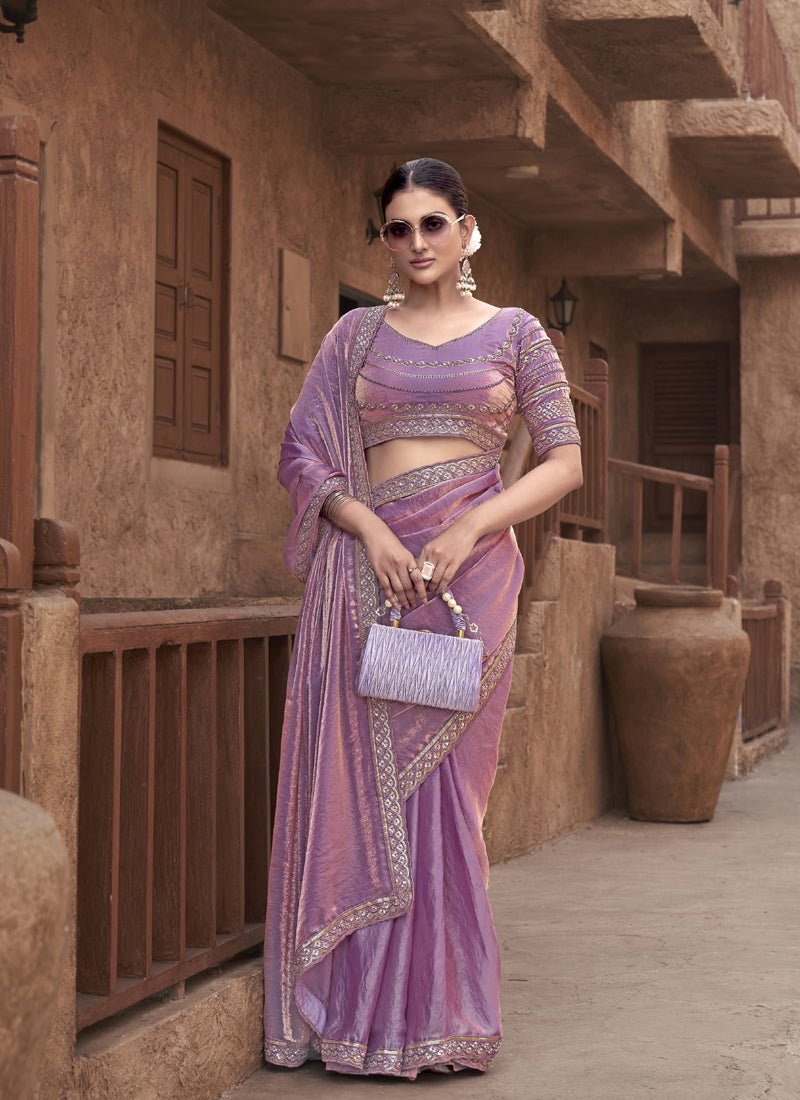 Lilac Satin Silk Party Wear Designer Saree