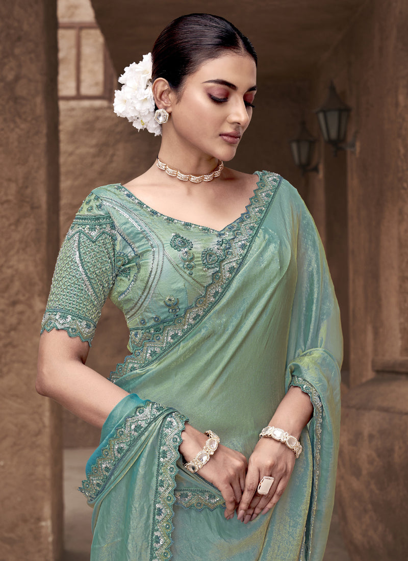 Turquoise Satin Silk Party Wear Designer Saree